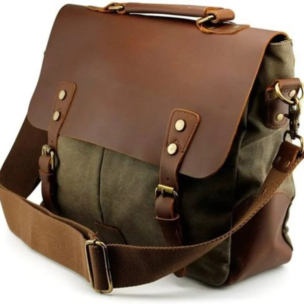 NEW Genuine Leather Canvas Messenger Bag Green - Picture 1 of 10